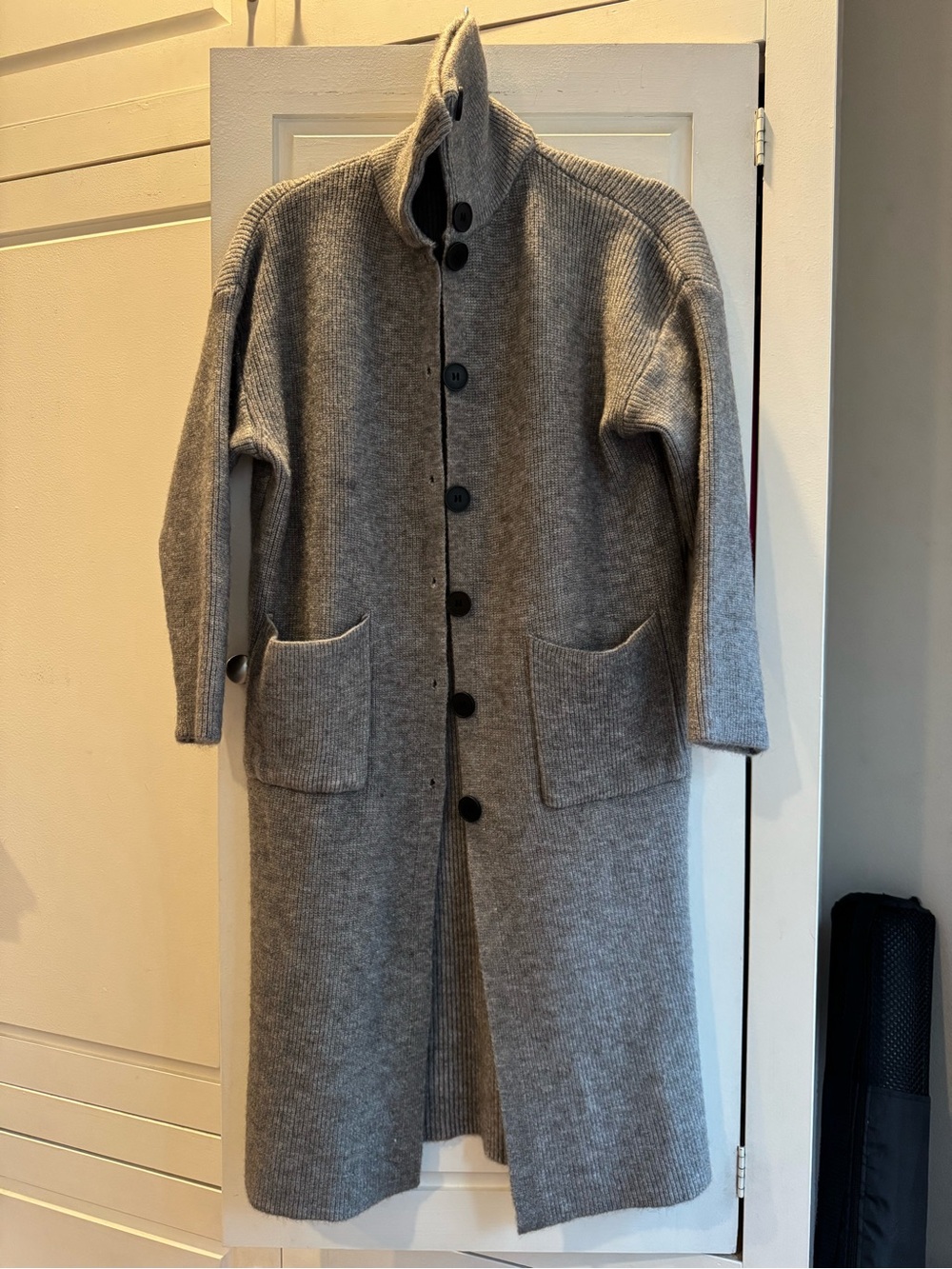 Women's Long Gray Knit Button-Front Coat